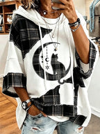 Women's Plaid Patchwork Moon Cat Hooded Top