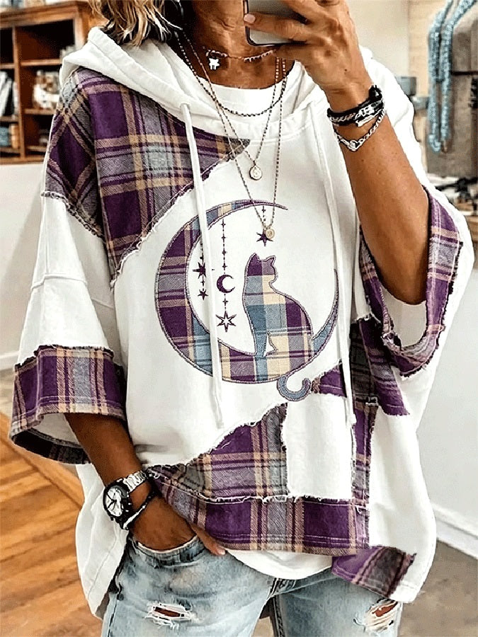 Women's Plaid Patchwork Moon Cat Hooded Top