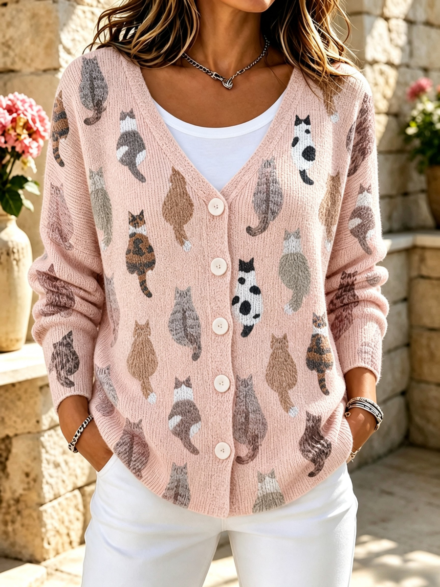 Women's Animals Cat Printed Fashion Long Sleeved Cardigan