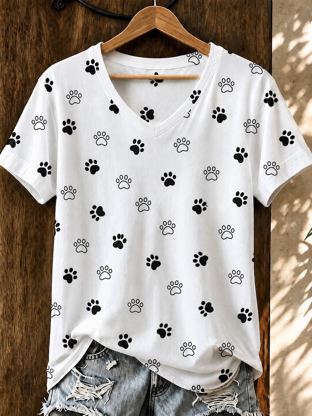 Women'S Cat Printed V-Neck T-Shirt
