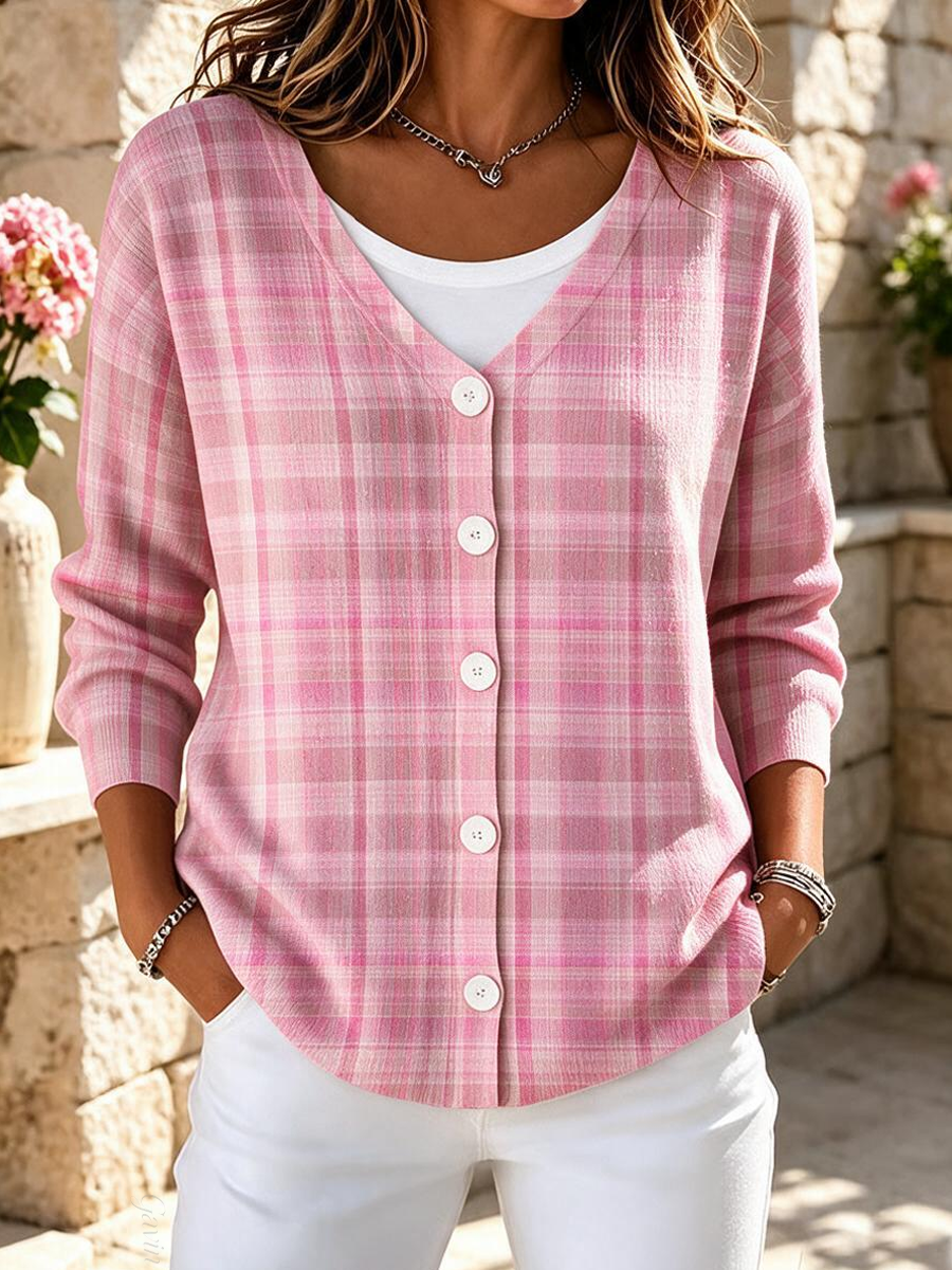 Women'S Pink Grid Printed Casual Cardigan