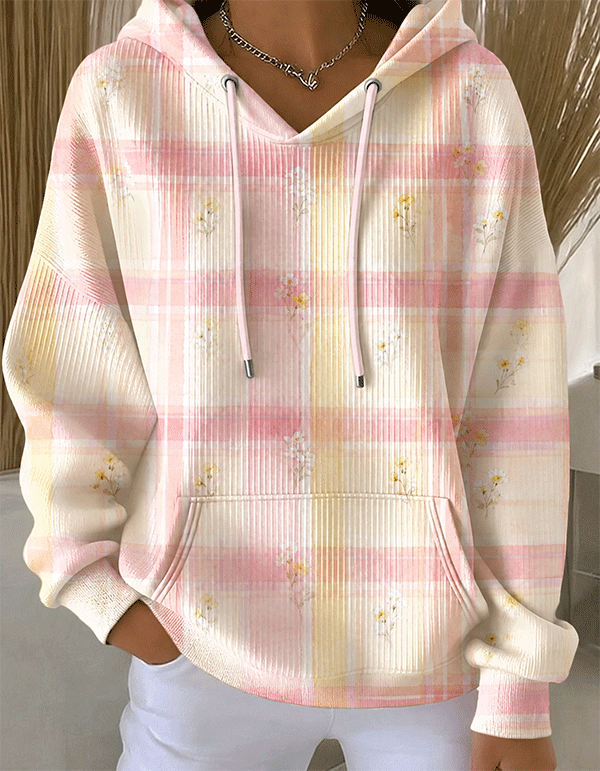 Women's Pastel Plaid Floral Print Casual Oversized Hoodie