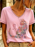 Women'S Cat Breast Cancer Awareness Short-Sleeved T-Shirt