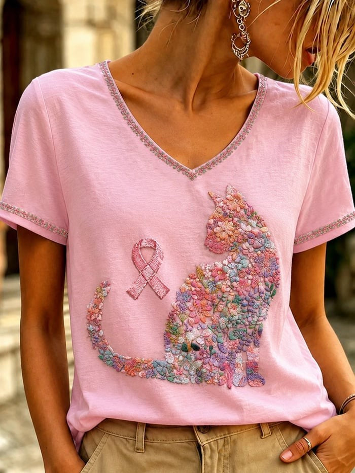 Women'S Cat Breast Cancer Awareness Short-Sleeved T-Shirt