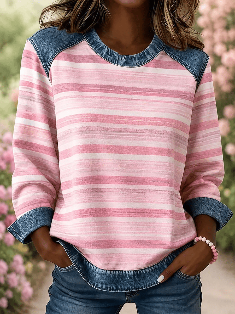 Women's Pink Stripes Print Sweatshirt