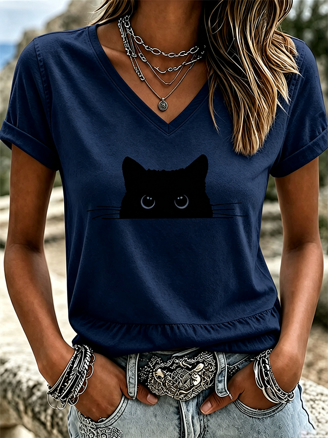 Women'S Cat Print Printed T-Shirt