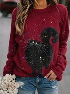 Women'S Casual Black Cat Art Printed Sports Shirt
