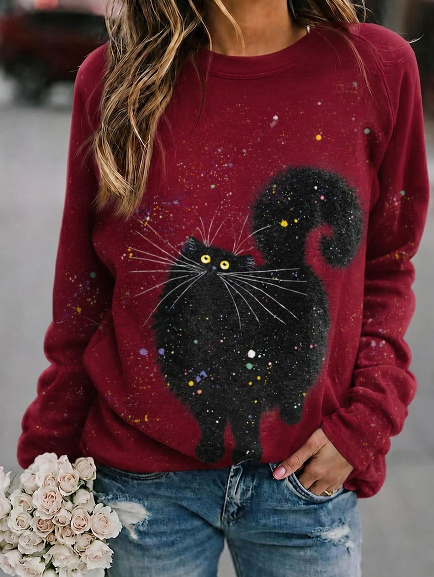 Women'S Casual Black Cat Art Printed Sports Shirt