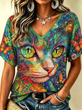 Women's Hippie Cat Print Short-sleeve V-neck T-shirt