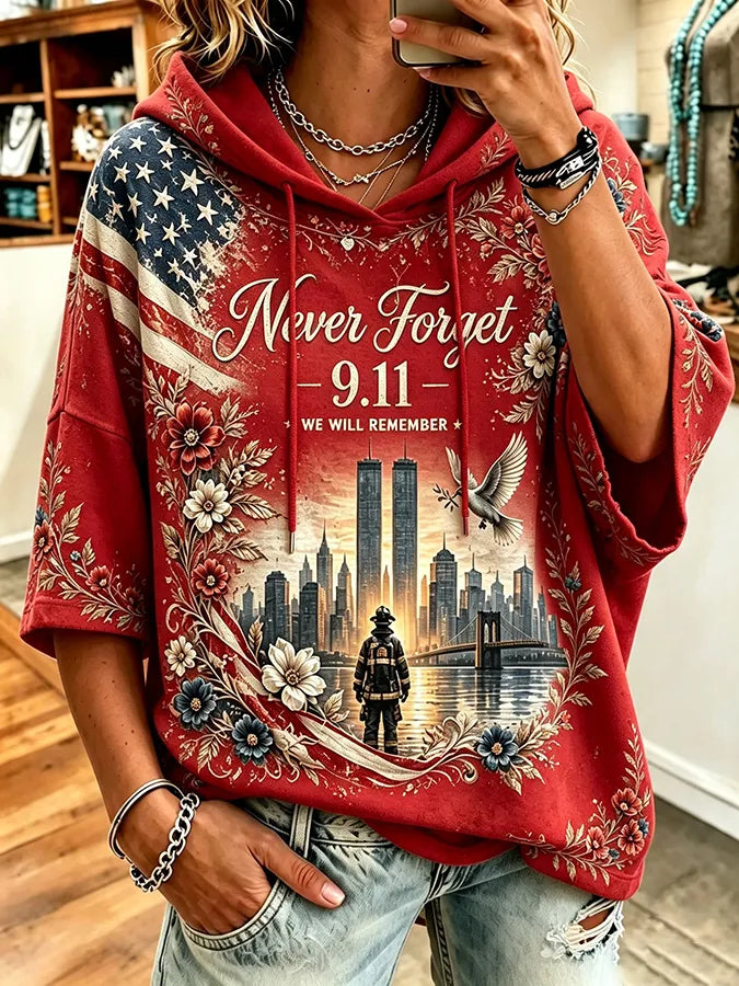 🕯️Women's Retro  9.11 Never Forget Print  Hooded Sweatshirt