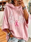 Women's Casual Skull Hand Pink Ribbon Loose Hooded Sweatshirt