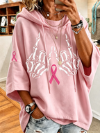 Women's Casual Skull Hand Pink Ribbon Loose Hooded Sweatshirt