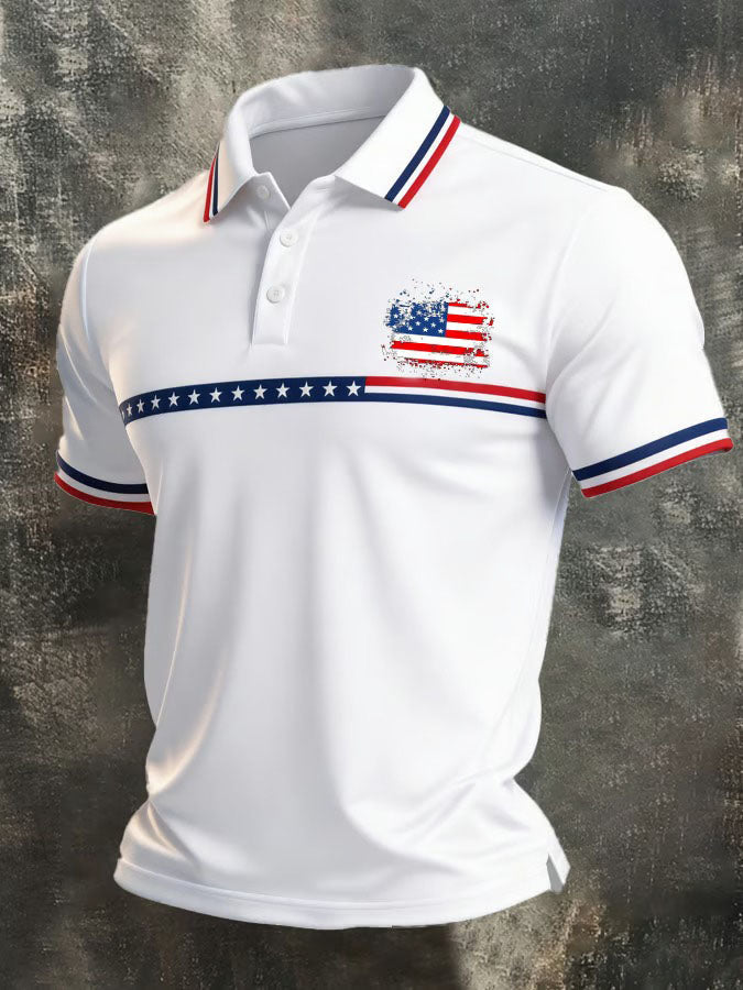 Men's Retro Patriotic Color Block Short Sleeved Lapel Shirt
