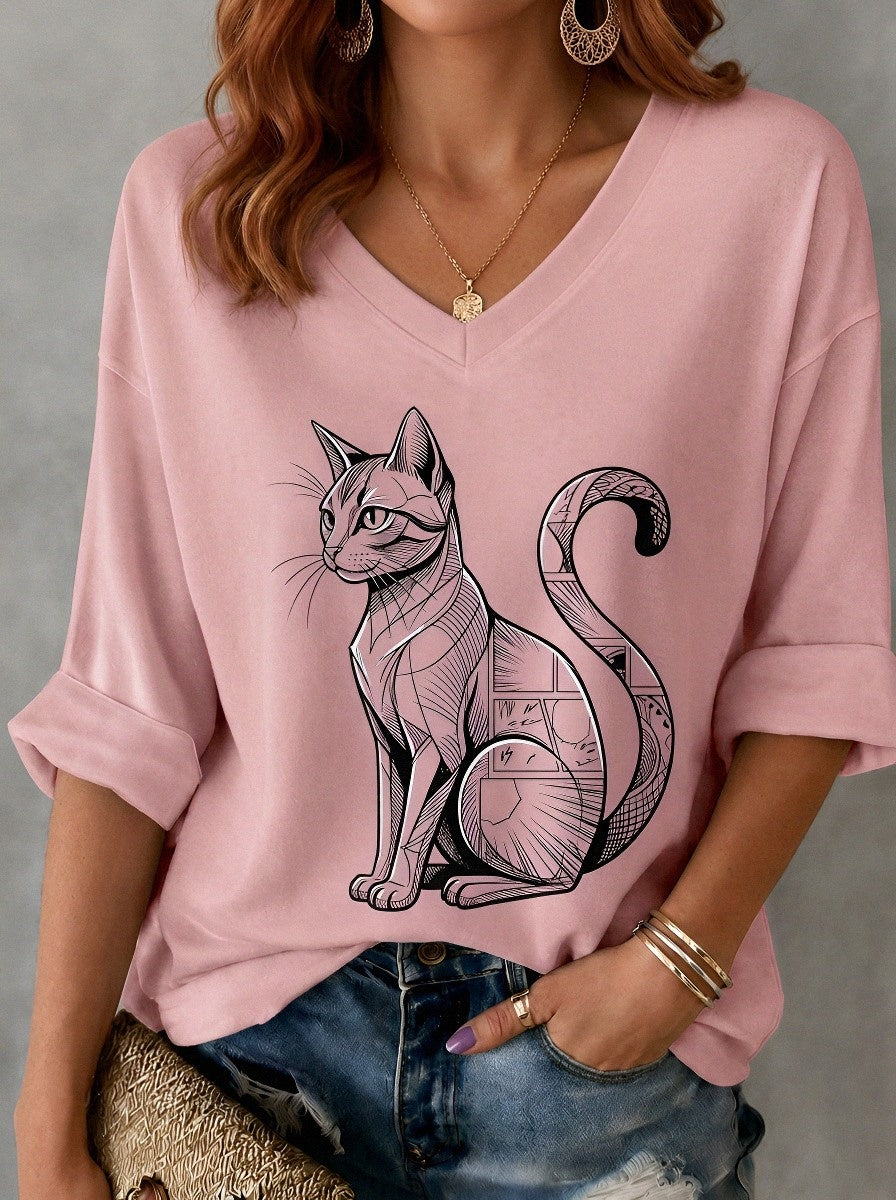 Women's Cat Lover Geometric Black Cat Printed V-neck T-shirt