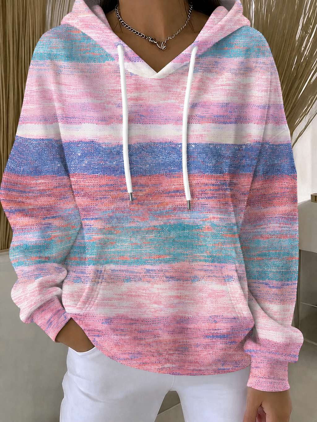 Women'S Breast Cancer Awareness Print Long Sleeve Hooded Sweatshirt