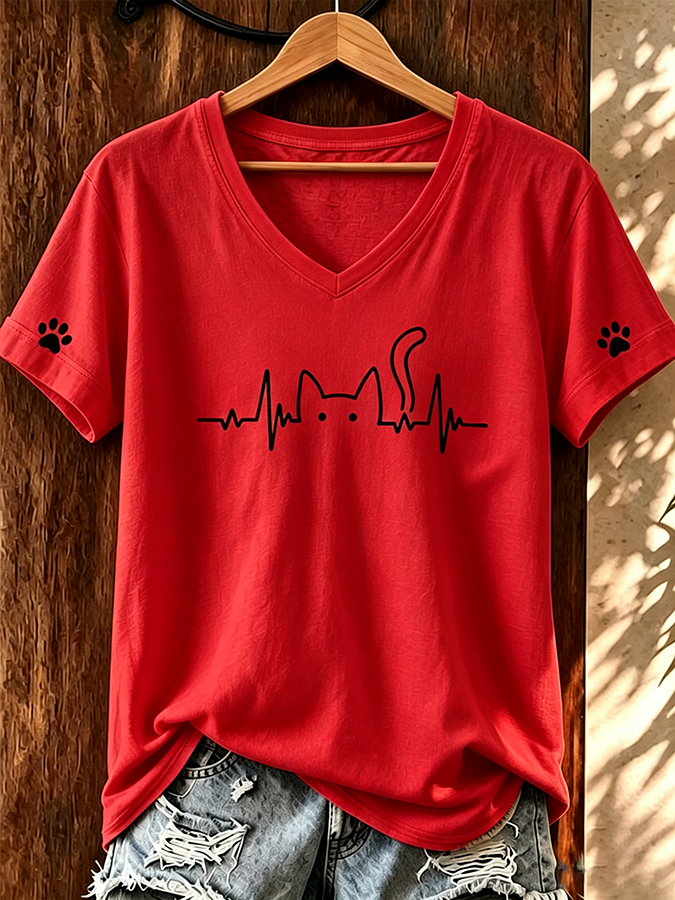 Women'S Cute Cat Print V-Neck T-Shirt