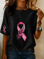 Women'S Breast Cancer Awareness Print Henry Neck Short Sleeve Waffle T-Shirt