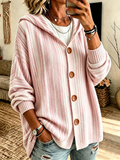 Ladies' Casual Striped Knitted Hooded Long Sleeved Cardigan