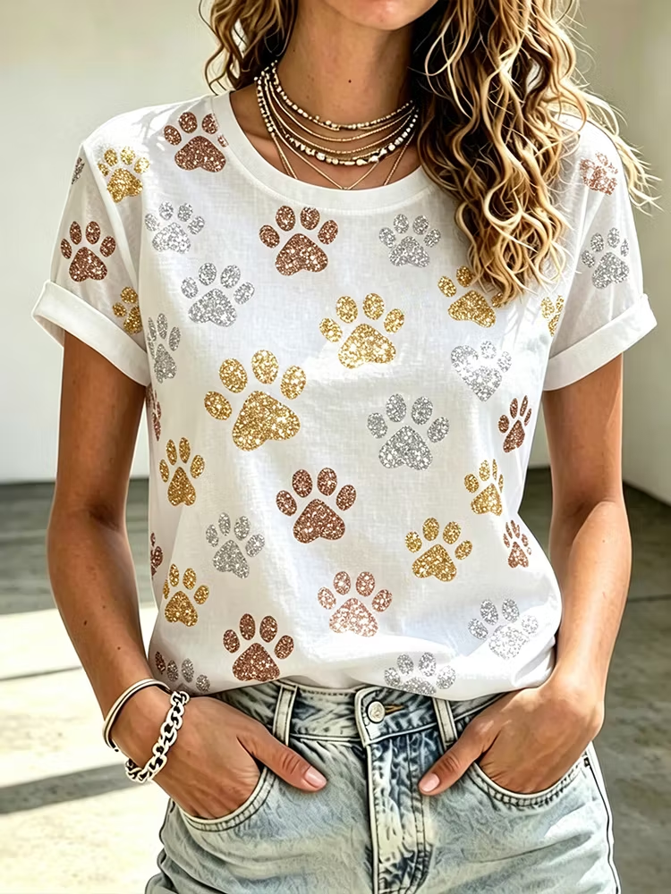Cat Paw Sequin Print Casual Crew Neck T-Shirt