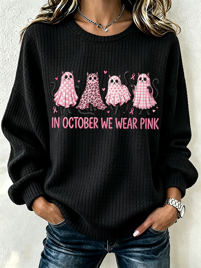 Women'S Waffle Black Kitten Round Neck Checkered Sports Shirt