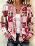 Ladies' Casual Pink Ribbon Print Knitted Cardigan Top