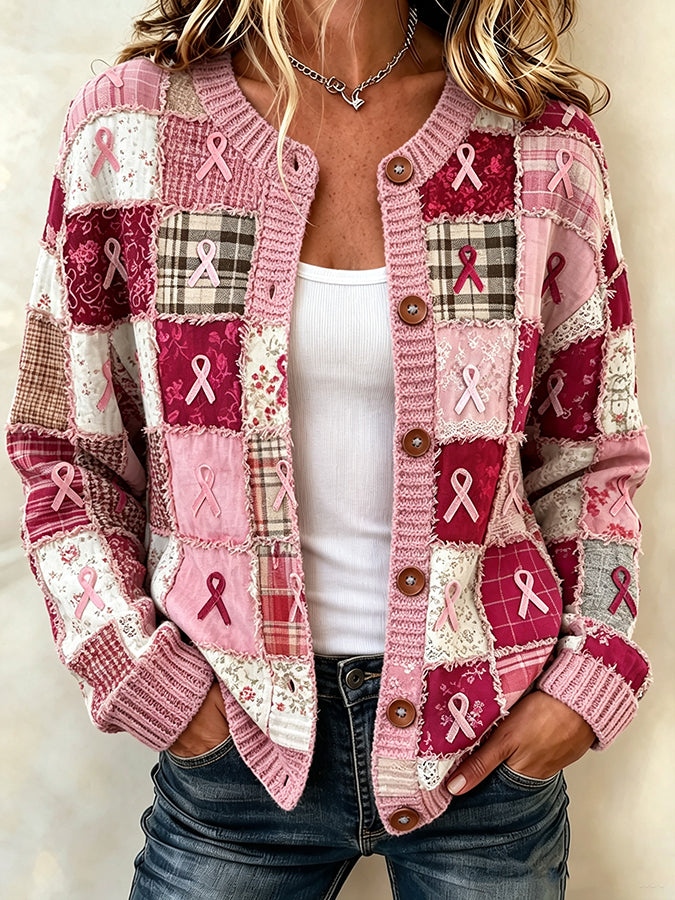 Ladies' Casual Pink Ribbon Print Knitted Cardigan Top