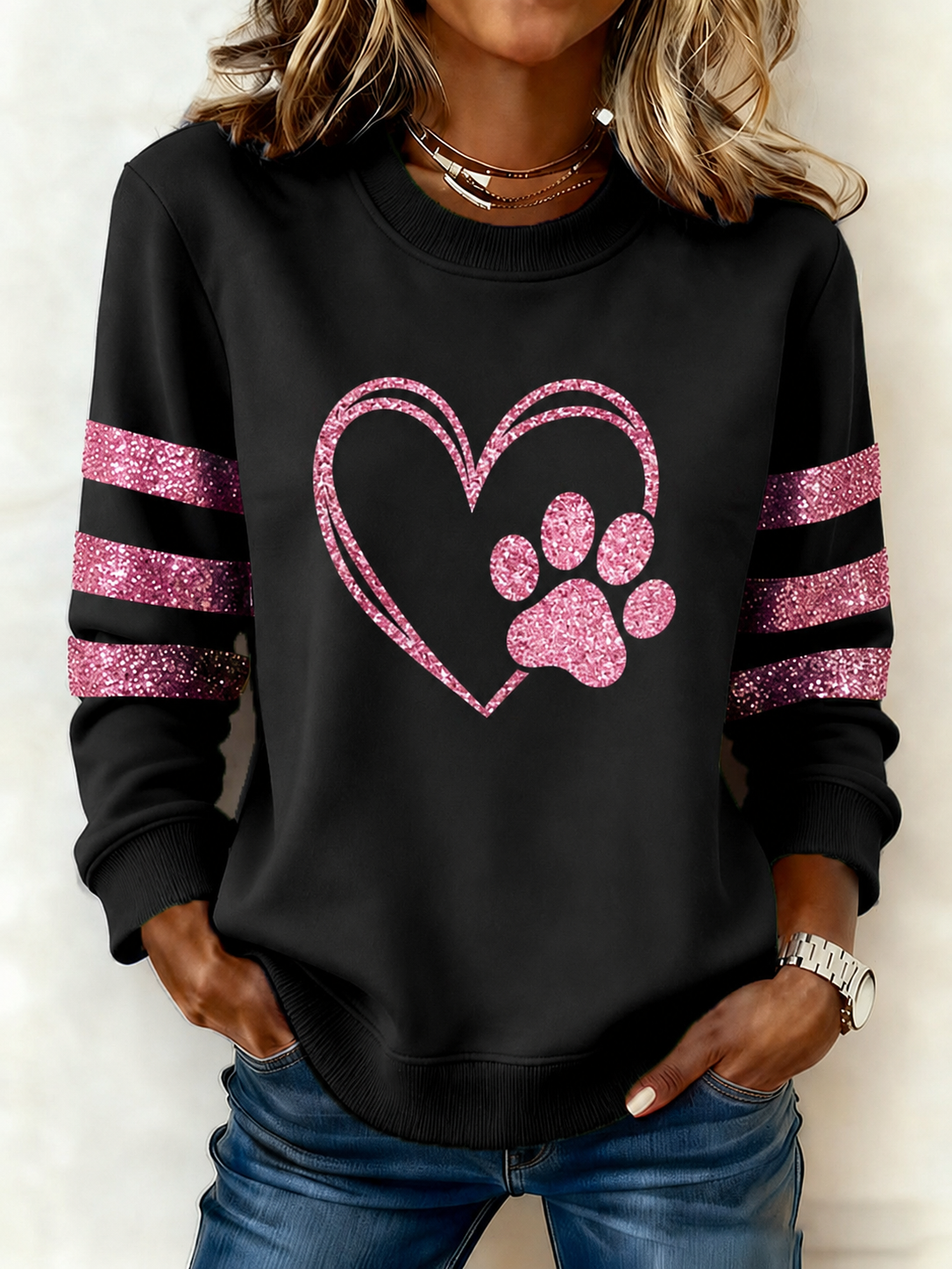 Ladies' Love Sequin Printed Round Neck Sports Shirt