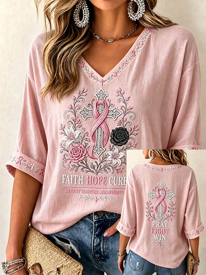 Women'S Breast Cancer Printed V-Neck Short Sleeve T-Shirt