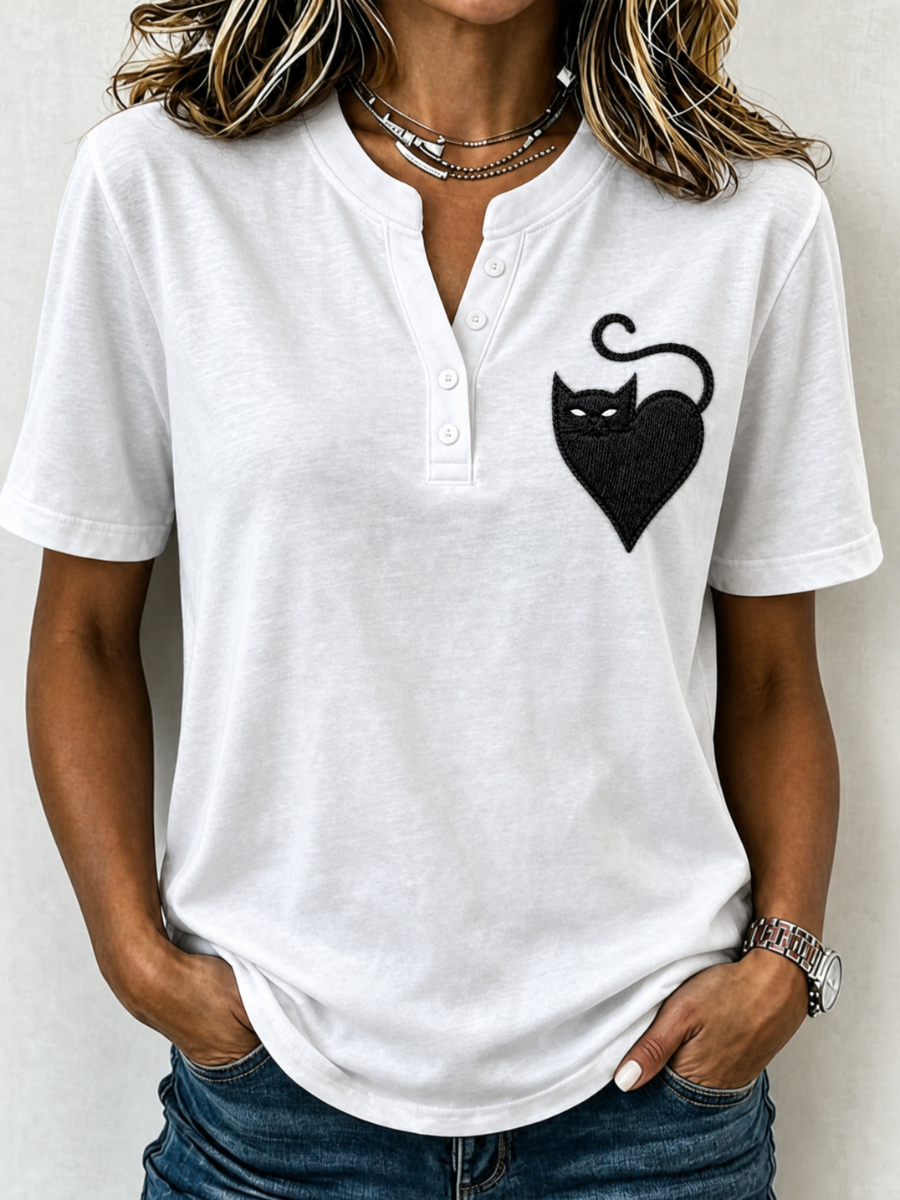 Women's Cat Printed Casual Button T-Shirt