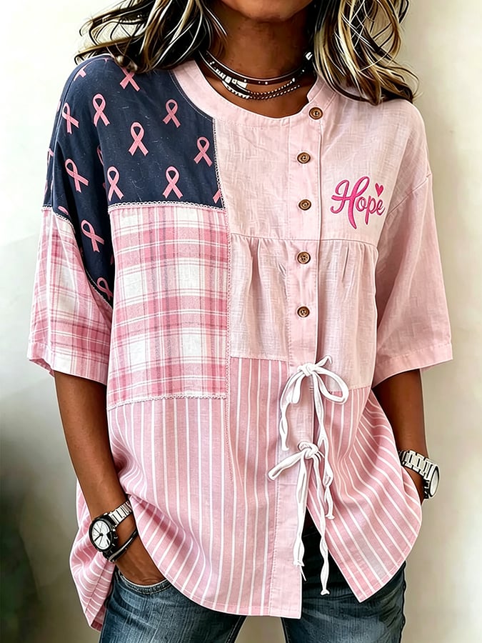 Women'S Casual Breast Cancer Awareness Propaganda Flag Art Printing Cotton Linen Short Sleeve Shirt
