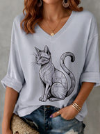 Women's Cat Lover Geometric Black Cat Printed V-neck T-shirt