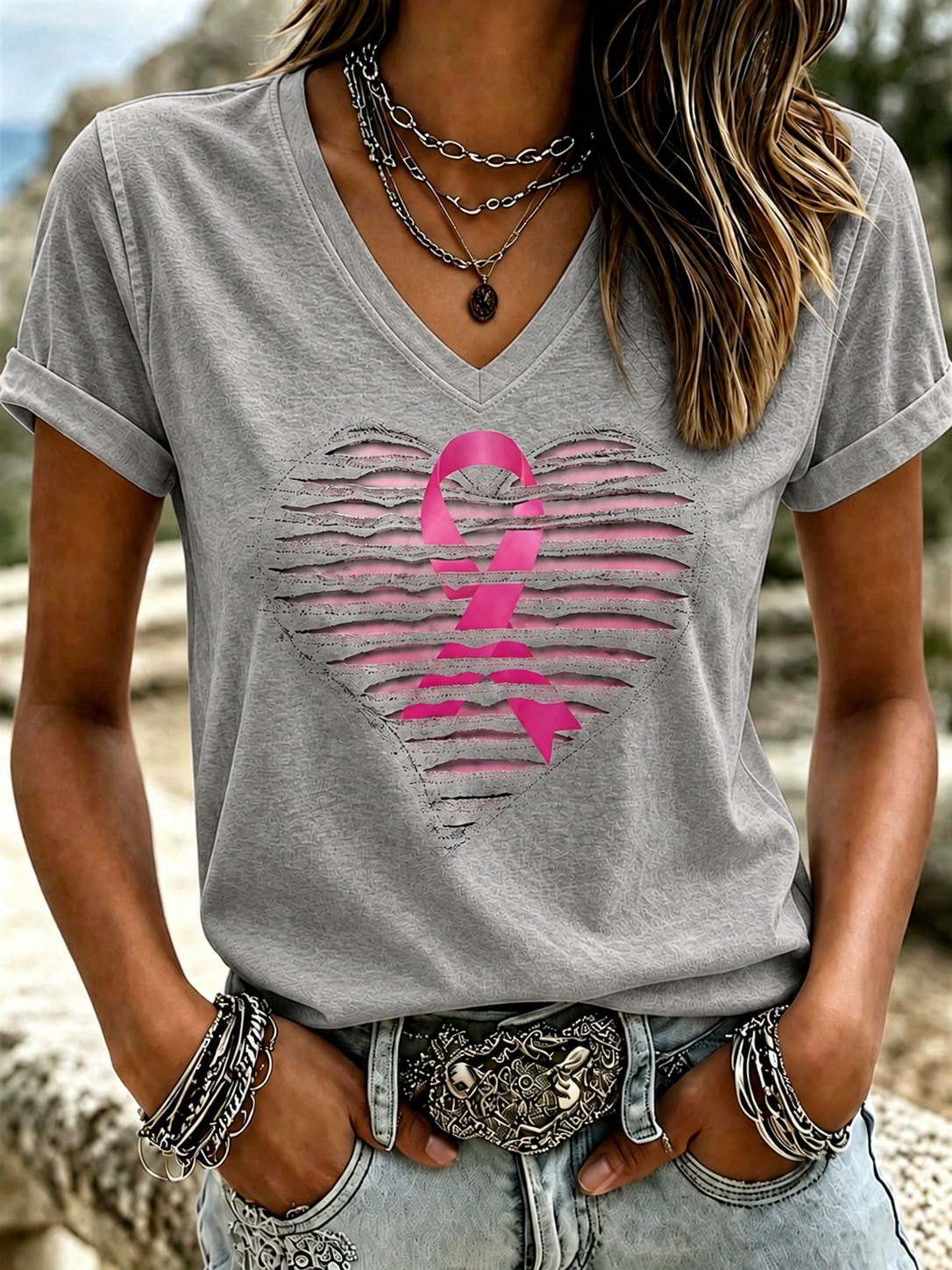 Women's Breast Cancer Awareness Pink Ribbon Print Casual T-Shirt