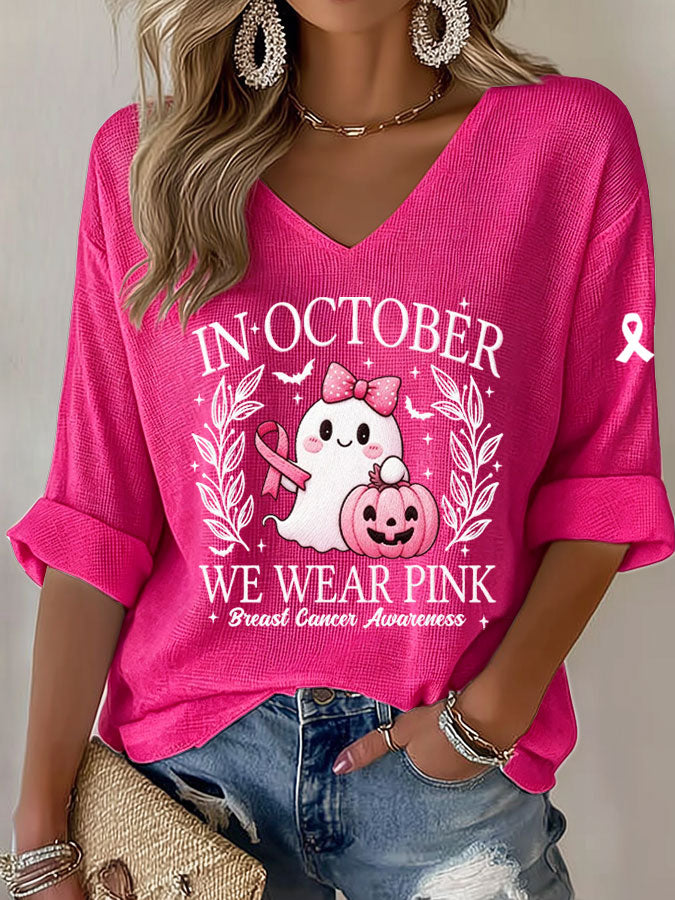 Women'S In October We Wear Pink Print Waffle  Top