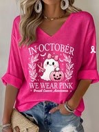 Women'S In October We Wear Pink Print Waffle  Top