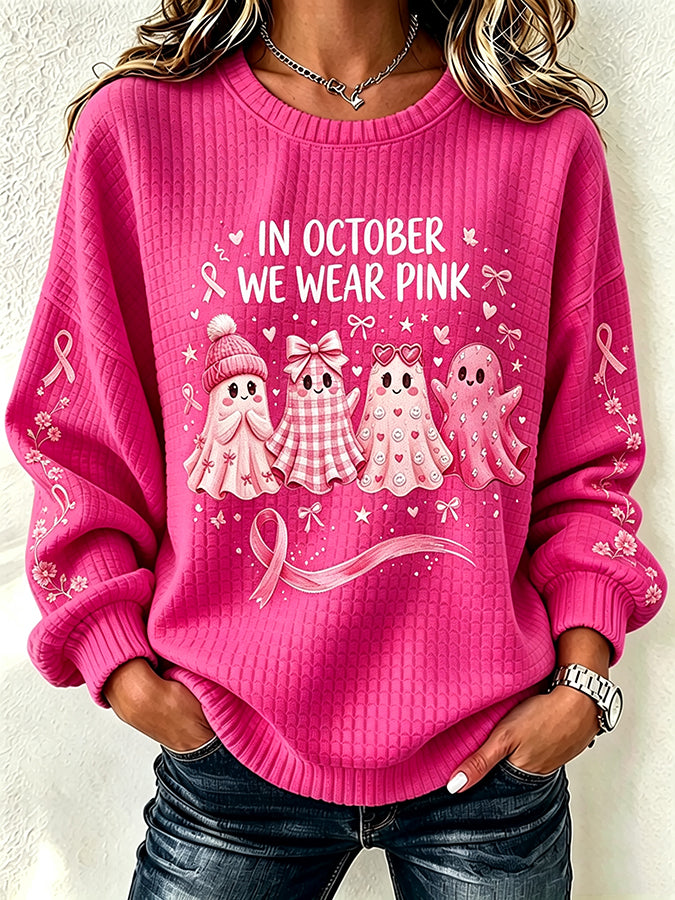 Women's Breast Cancer Print Crew Neck Check Sweatshirt