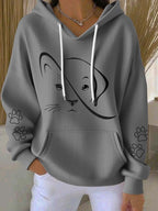 Women'S Cute Cat And Dog Print Hooded Knitted Long Sleeved Sportswear