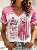 Women's Embellished Pink Ribbon Breast Cancer Awareness V-Neck T-Shirt