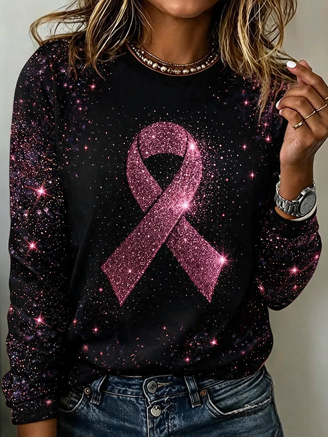 Women'S Breast Cancer Awareness Print Long Sleeve Casual Tee