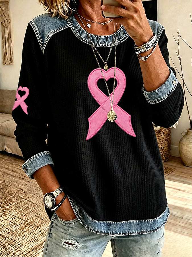 Women'S Casual Contrasting Heart-Shaped Ribbon Waffle Top