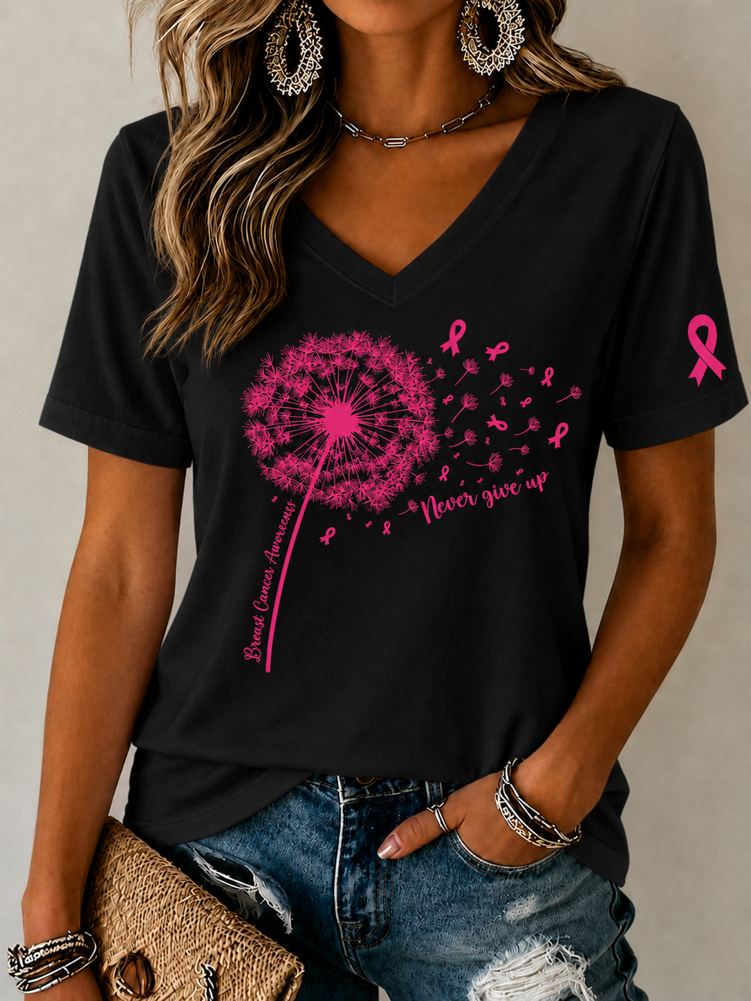 Women'S Breast Cancer Prevention And Control Propaganda Printed Short Sleeved T-Shirt