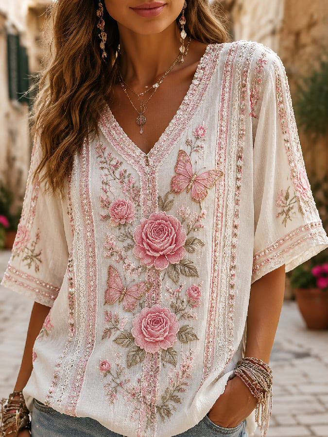 Women's V-neck lace cotton and linen top