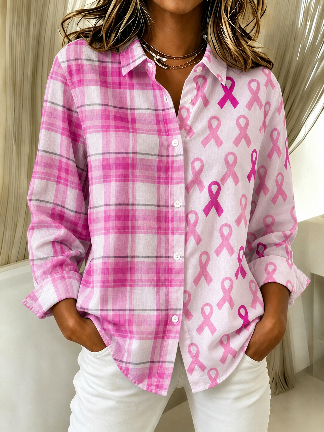 Women's Pink Breast Cancer Art Print Lapel Long Sleeve Shirt