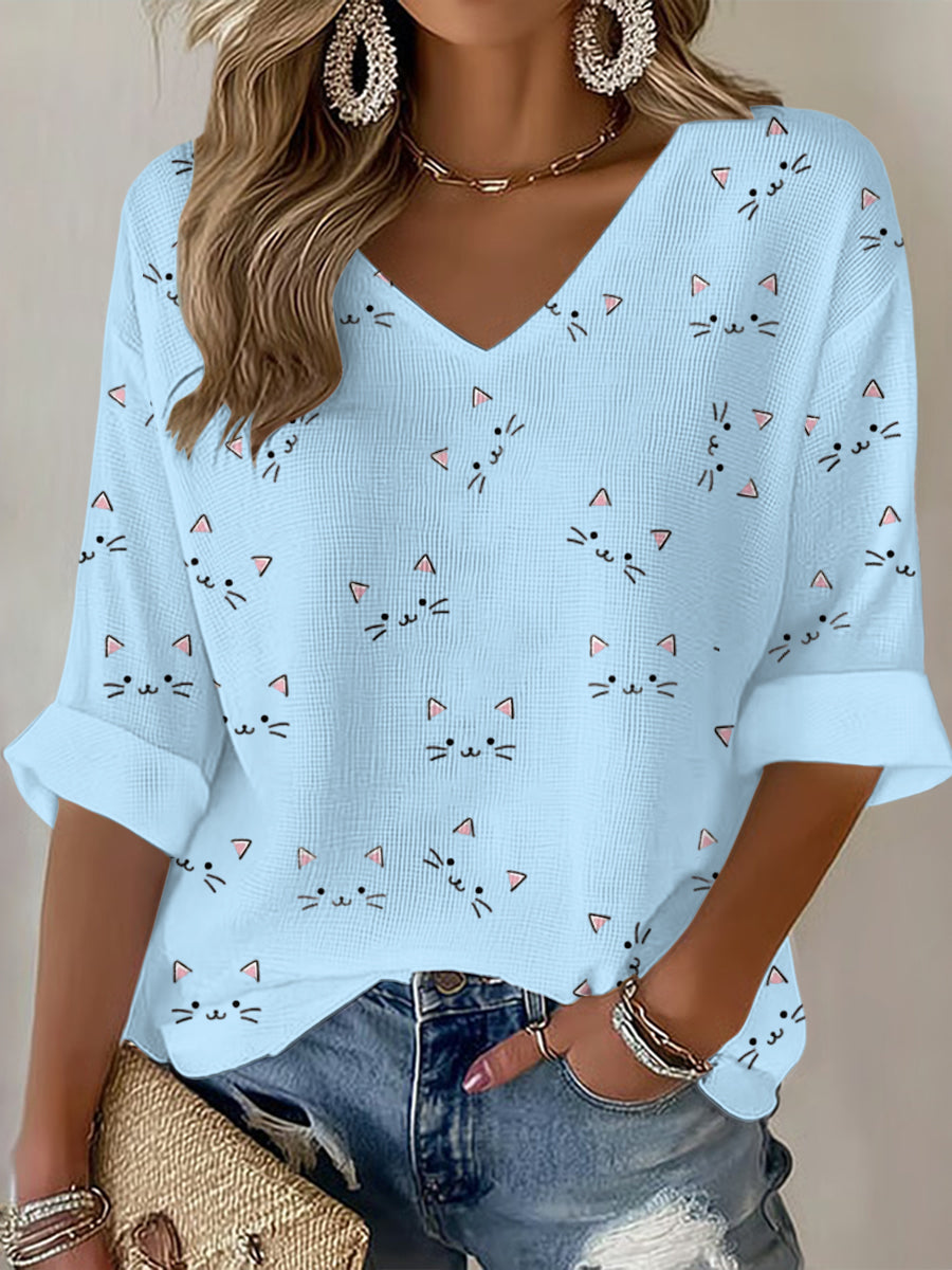 Women'S Cat Printed Waffle T-Shirt