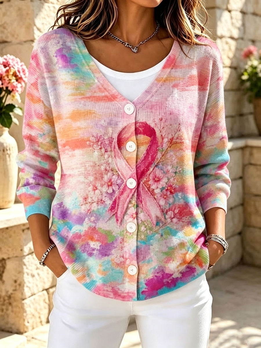 Women'S Pink Art Printed Casual Cardigan