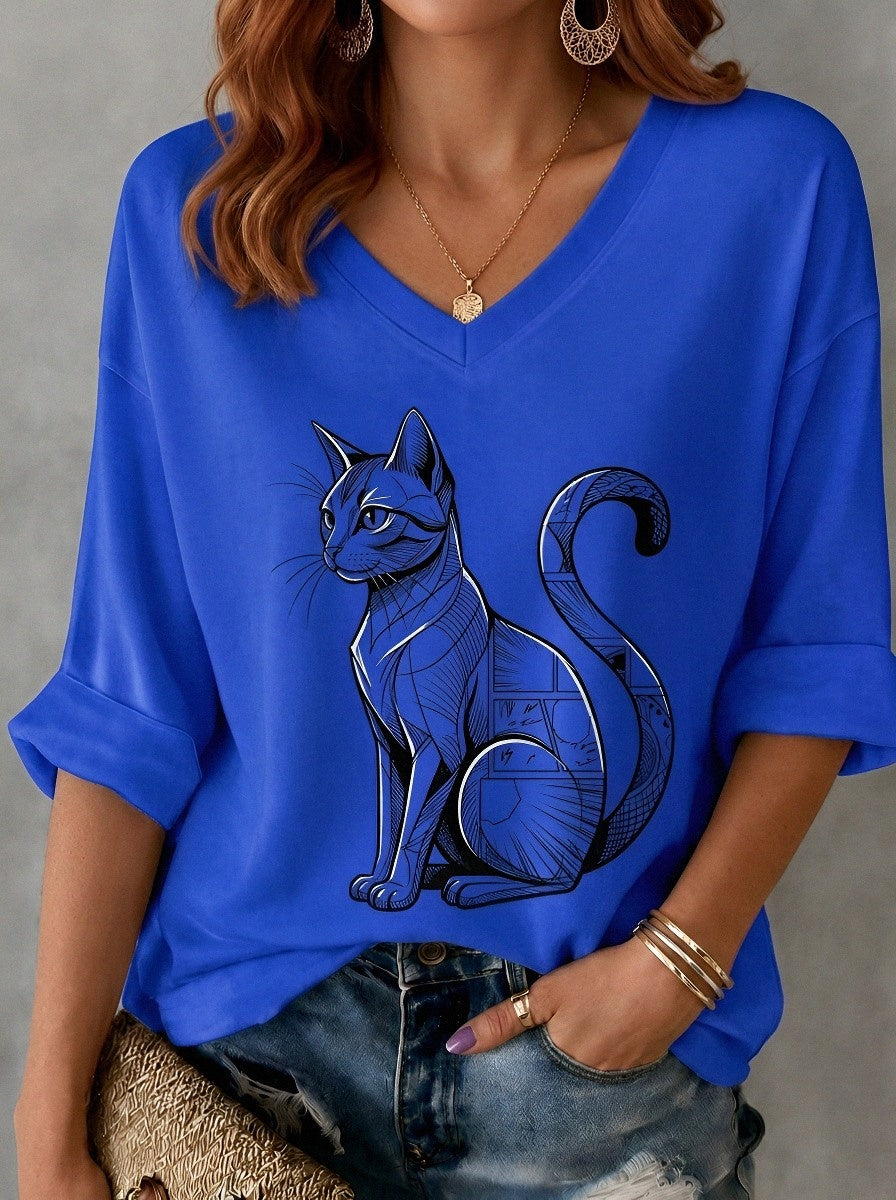 Women's Cat Lover Geometric Black Cat Printed V-neck T-shirt