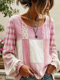 Women'S Cotton And Linen Patchwork Contrasting Round Neck Long Sleeved Shirt