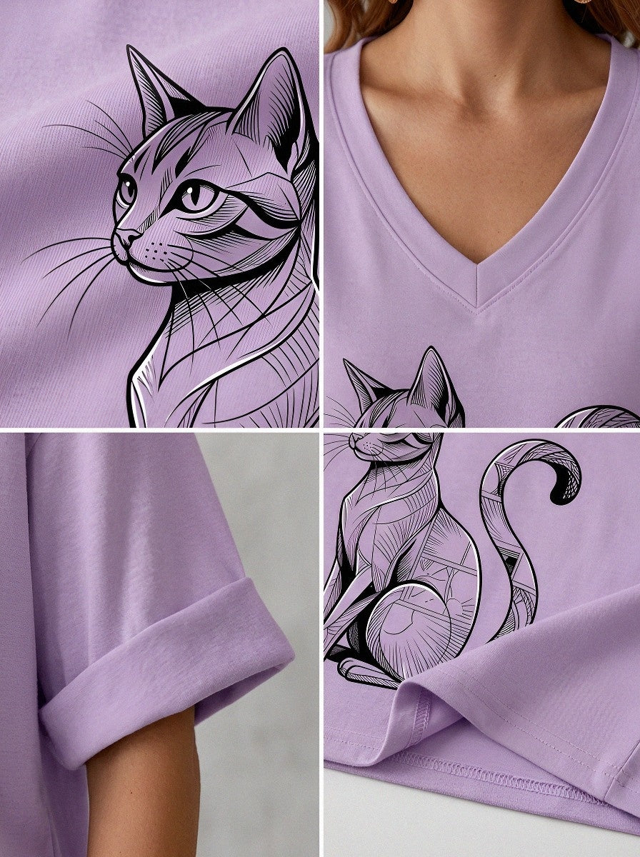 Women's Cat Lover Geometric Black Cat Printed V-neck T-shirt