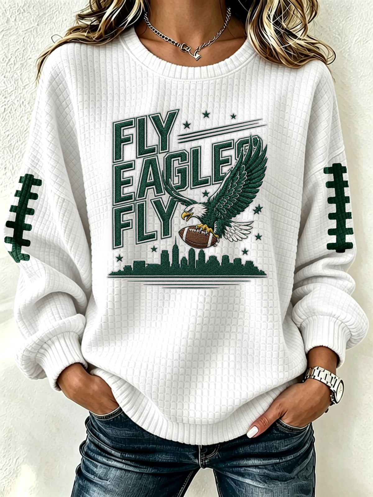 Women's football fan waffle long sleeved round neck sports shirt