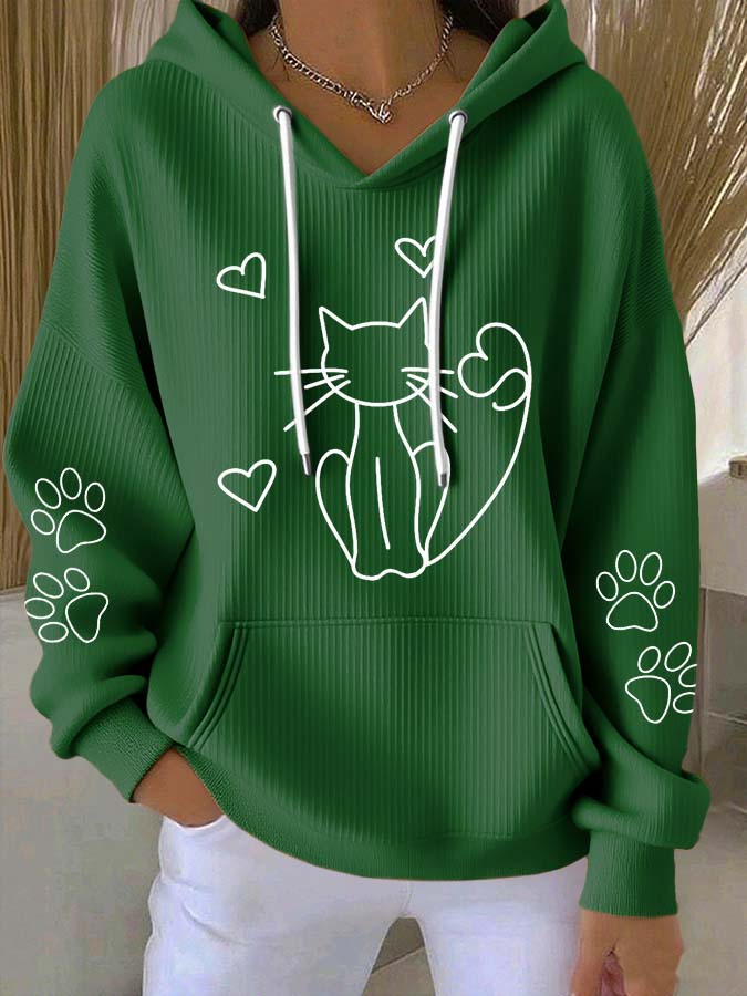 Women'S Cute Cat Print Hooded Knitted Long Sleeved Sportswear