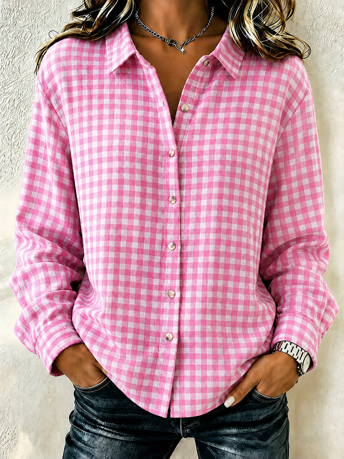 Women's Pink Plaid Print Lapel Long Sleeve Shirt
